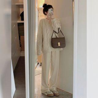Placket Cable Knit Sweater / Plain Wide-leg Pants