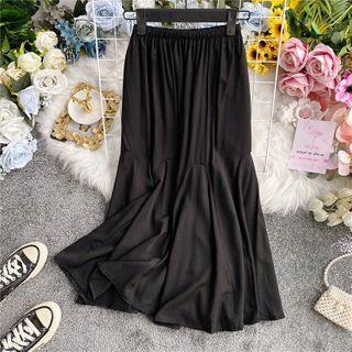Elastic-waist Plain Asymmetric Skirt