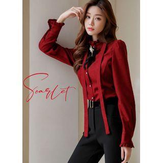 Tie-neck Frilled Corduroy Blouse