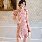 Traditional Chinese Puff-sleeve Gingham Mini Sheath Dress