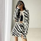 Set: Zebra-print Cropped Cardigan + High-waist Mini Skirt