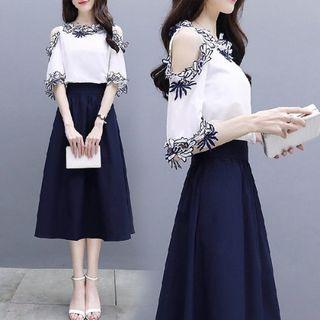 Set: Floral Embroidered Panel Cold-shoulder Blouse + Plain Midi A-line Skirt