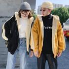Couple Matching Fleece-lined Hooded Lettering Zip Jacket