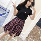 Set: Heart Print Short-sleeve T-shirt + Tie-front Plaid A-line Skirt