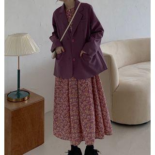 Single Breasted Blazer / Long-sleeve Floral Midi Dress