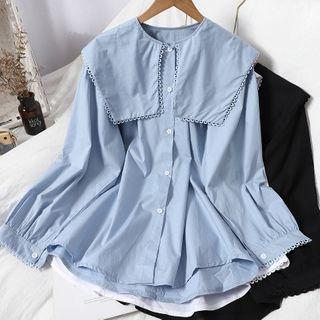Long-sleeve Checked Collared Button-up Blouse