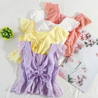 Sleeveless Drawstring Eyelet Lace Blouse