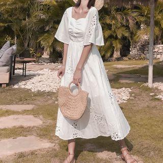 Eyelet Lace Flared-sleeve Midi A-line Dress