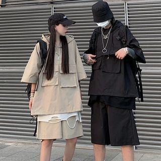 Set: Short Sleeve Cargo Hooded Top + Shorts