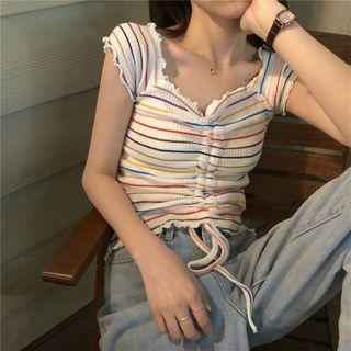 Short-sleeve Striped Drawstring T-shirt White - One Size