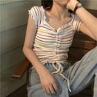 Short-sleeve Striped Drawstring T-shirt White - One Size