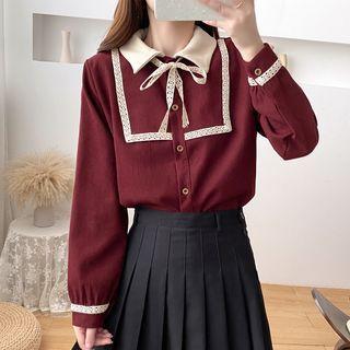Lace Trim Bow Button-up Blouse