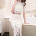 Set: Short-sleeve Lace Top + Lace Maxi Skirt