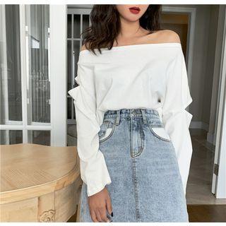 Off-shoulder Cutout Long-sleeve Loose-fit Top