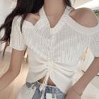 Short-sleeve Cold Shoulder Embellished Drawcord Crop Top