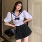 Short-sleeve Sailor-collar Blouse / Pleated Mini Skirt
