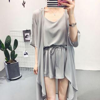 Set: Plain Camisole Top + Shorts + Long Light Jacket