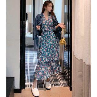Denim Jacket / Layered Floral Midi Dress