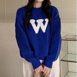 Round Neck Loose Fit Plain Lettering Sweater