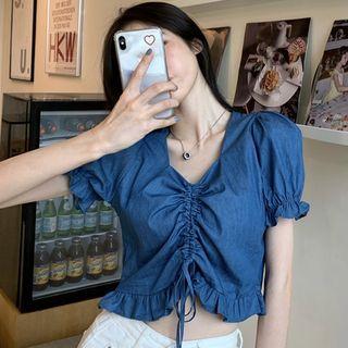 Drawstring Puff-sleeve Cropped Blouse