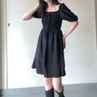 Short-sleeve Smocked A-line Dress Black - One Size
