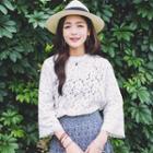 3/4-sleeve Floral Print Loose-fit Crewneck Lace Top