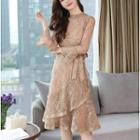 Bell-sleeve Ruffle Trim Lace Dress