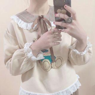 Mock Two Piece Bear Print Collared Pullover