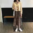 Chunky Knit Cardigan / Printed Midi A-line Skirt