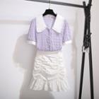 Collared Elbow-sleeve Blouse / Ruched Ruffle Hem Mini A-line Skirt / Set