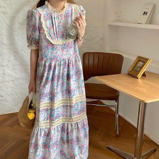 Short-sleeve Lace Trim Flower Print Midi A-line Dress Floral - Pink & Blue - One Size