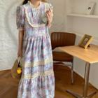 Short-sleeve Lace Trim Flower Print Midi A-line Dress Floral - Pink & Blue - One Size