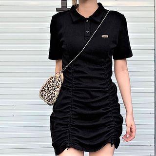Short Sleeve Bodycon Polo Dress Black - One Size
