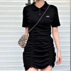 Short Sleeve Bodycon Polo Dress Black - One Size