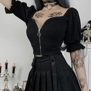Zip-up Short Puff-sleeve Crop Top