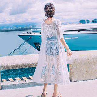 Elbow-sleeve Crochet Bikini Long Cover Up