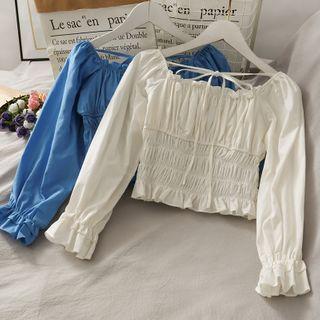 Boatneck Smocked-waist Ruched Crop Top