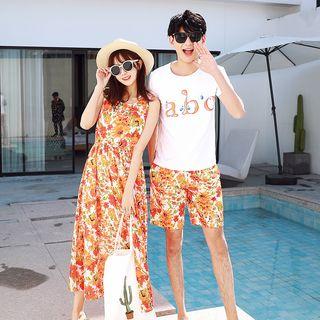 Couple Matching Set: Short-sleeve Printed T-shirt + Shorts / Sleeveless Floral Maxi Sun Dress