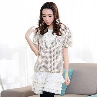 Short-sleeve Lace Panel Dotted Top