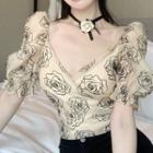 Puff-sleeve Floral Print Blouse Black Floral - Beige - One Size
