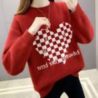 Round Neck Plain Plaid Heart Print Loose Fit Sweater Red - One Size