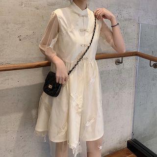 Short-sleeve Embroidered Mesh Qipao