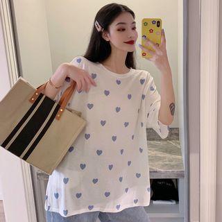 3/4-sleeve Heart Patterned T-shirt