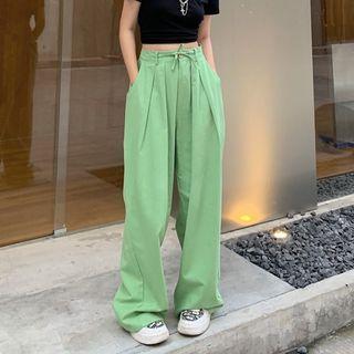 High Waist Plain Pleated Wide-leg Pants