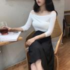 Off-shoulder Long-sleeve T-shirt / Midi A-line Skirt