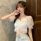 Puff-sleeve Cropped Lace Blouse White - One Size