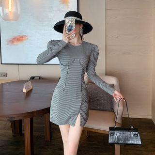 Puff-sleeve Plaid Slit Mini Dress