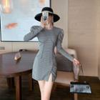 Puff-sleeve Plaid Slit Mini Dress
