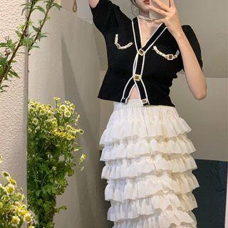 Short-sleeve Contrast Trim Knit Top / Midi A-line Layered Skirt
