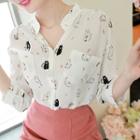 Open-placket Shirred-trim Patterned Blouse